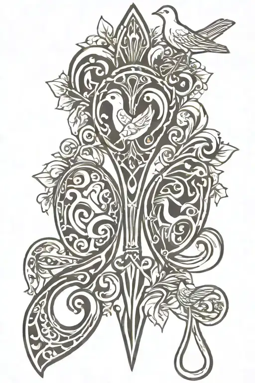 welsh love spoon drawn in black must have two doves and an arrowhead  tattoo design idea