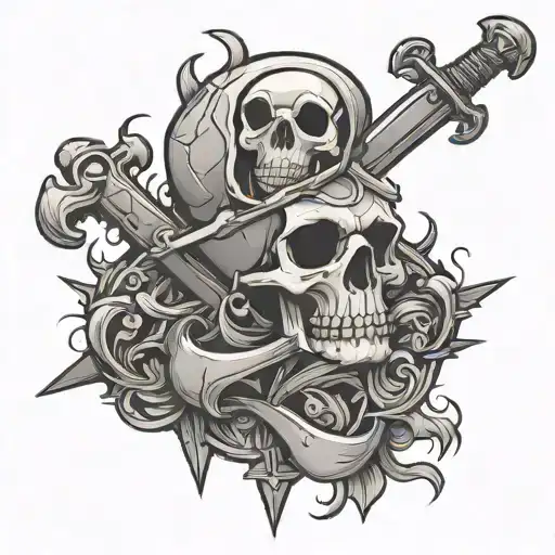 skull and crossbones with the skull of the lich from adventure time and finn's demon blood sword and finns finn sword tattoo design idea