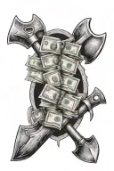 A stack of money with pickaxes and shovels intertwined, symbolizing the hard work of a coal miner tattoo design idea
