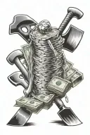 A stack of money with pickaxes and shovels intertwined, symbolizing the hard work of a coal miner tattoo design idea