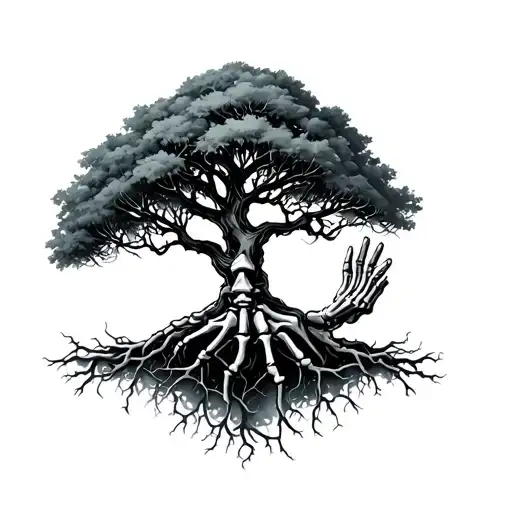 poison tree on arm with roots leading into a skeleton hand tattoo design idea