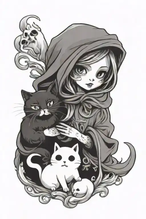 cute ghost holding 2 cats tattoo design idea