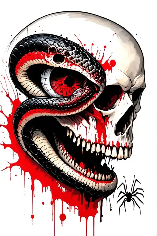 biomechanical zombie snake going through the eye of a skull and spiders crawling out mouth of a dead zombie person  tattoo design idea