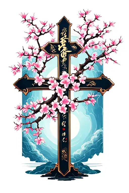 Cherry blossom tree and cross tattoo design idea