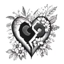 A broken heart with pieces missing, filled with images of hockey pucks and mom's favorite flowers, representing the client's past heartbreaks and love for their mom tattoo design idea