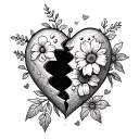 A broken heart with pieces missing, filled with images of hockey pucks and mom's favorite flowers, representing the client's past heartbreaks and love for their mom tattoo design idea