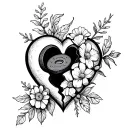 A broken heart with pieces missing, filled with images of hockey pucks and mom's favorite flowers, representing the client's past heartbreaks and love for their mom tattoo design idea