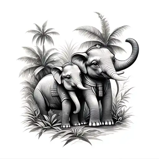“A detailed black and gray tattoo design combining ancient Egyptian themes with a jungle setting. Two playful baby eleph tattoo design idea