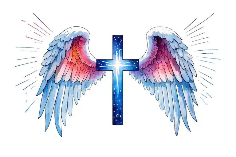 cross angel wings with rays and Cole matthew rest in heaven at top tattoo design idea