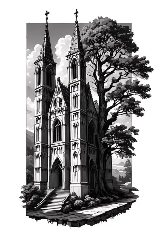 cathedral tower with posion tree grow to side tattoo design idea