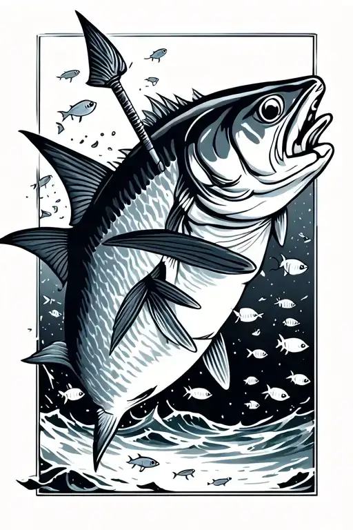 1 yellowtail kingfish with a spear through it, lots of small fish swimming around it with beach water all around  tattoo design idea