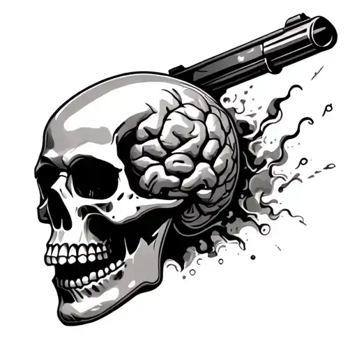 a skull with with a gun blowing out its brains. brains are thoughts. the thoughts are loneliness and pain tattoo design idea