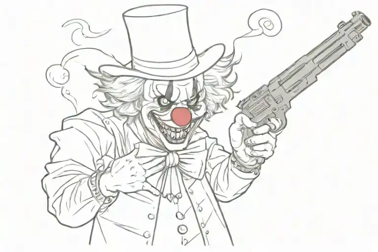 killer clown, with gun in hand, wearing a pointy hat "I want him in black and white tattoo design idea