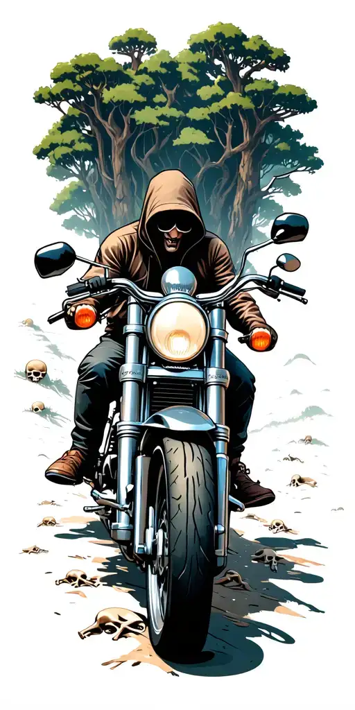 Biker in hood on a harley motorcycle riding through a giant forest, lots of skulls and bones laying around tattoo design idea