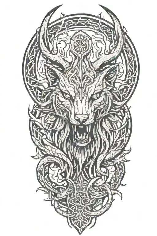 fenrir and world serpent, tree of life intertwined, viking axes, line work tattoo design idea