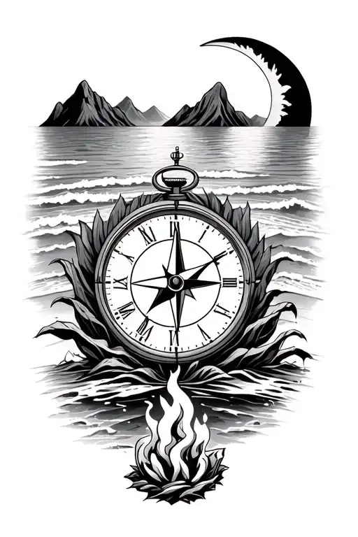 sun, moon, ocean, beach, bonfire, mountains, clock, compass tattoo design idea