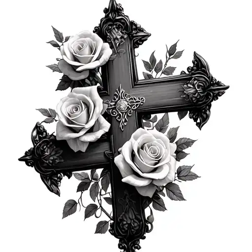 upside down cross surrounded with roses tattoo design idea