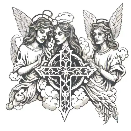 3 angels hiding their mouths, ears and eyes, surrounded by clouds and the holy cross against witchcraft tattoo design idea