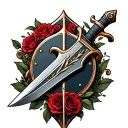 rose sword shield adorned tattoo design idea