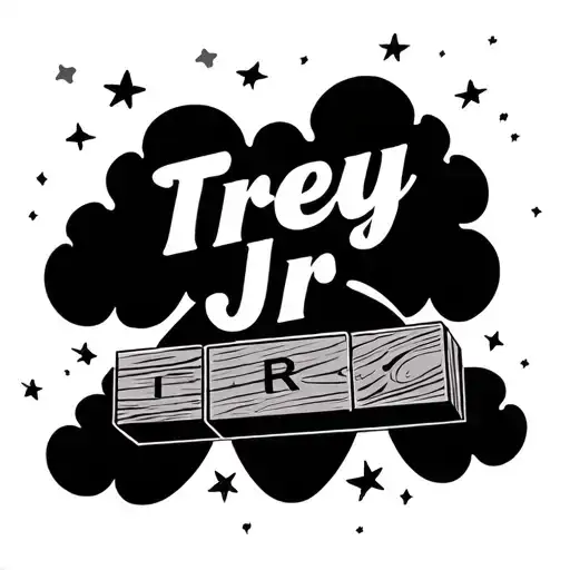clouds and stars surrounding the name Trey Jr written on wooden toy blocks tattoo design idea