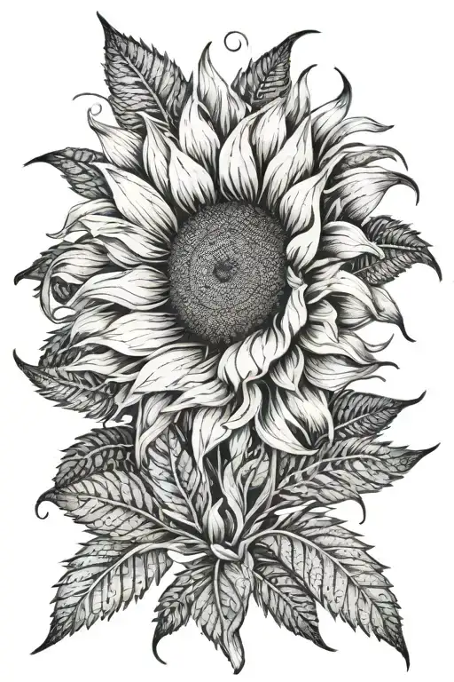 A sunflower made of feathers with intricate dotwork details tattoo design idea