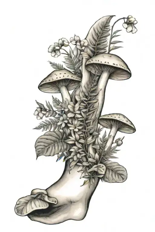 ferns, snowdrops and mushrooms on forearm black and grey tattoo design idea