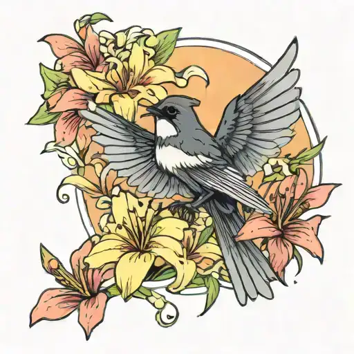 willie wagtail bird with tail flared and lily flower. no background. some colour in bird and lilys but not too vibrant.  tattoo design idea