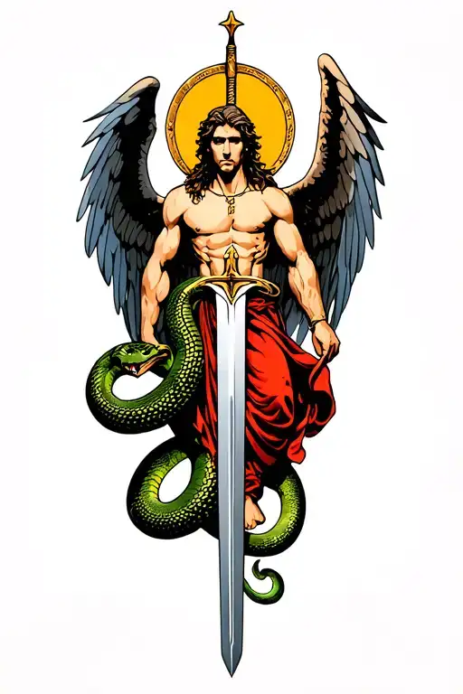 st. Michael arch angel slaying snake with sword tattoo design idea