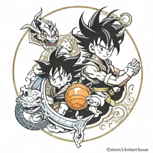 7 dragon balls in a circle around Sheron with kid goku  tattoo design idea