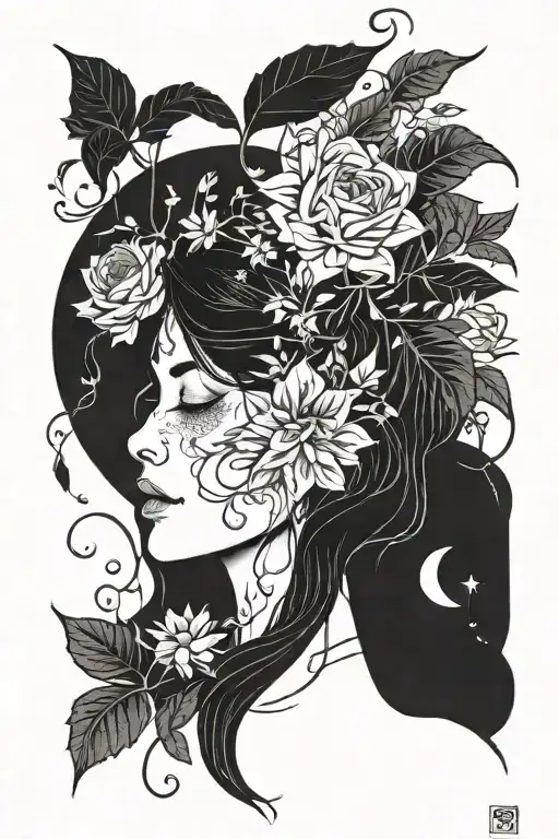 feminine and full folk-like fine line  with the moon, many flowers, vines, and subtle fantasy elements, no border tattoo design idea