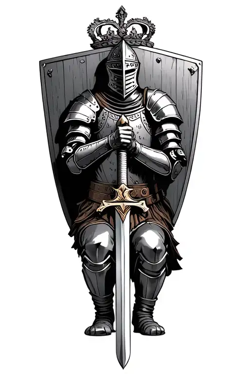 Scottish knight kneeling on one knee in armor wielding sword and shield and the shield has the scottish coat of arms o  tattoo design idea