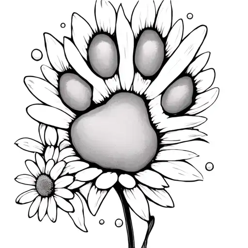 Dog paw print with daisy flower with floating petals tattoo design idea