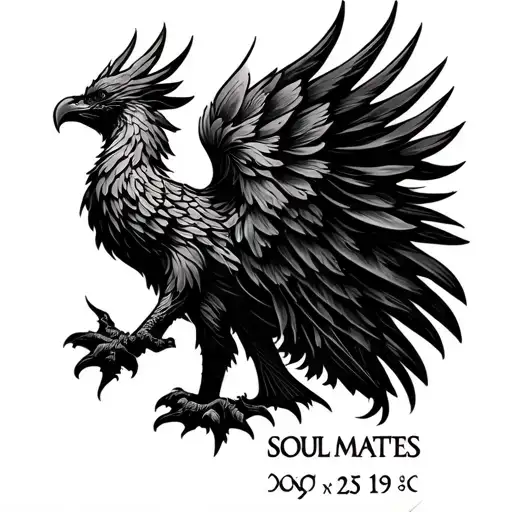A minimalist black tattoo of a phoenix rising with the words 'SOUL MATES' and a date in Roman numerals. tattoo design idea