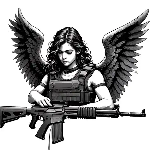 angel with a bullet proof vest holding an AK 47 tattoo design idea