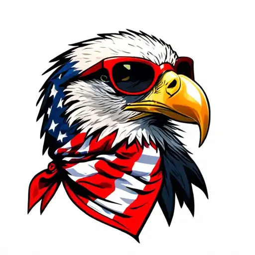 Bald Eagle wearing an American Flag bandana and red framed sunglasses with dark lenses. tattoo design idea