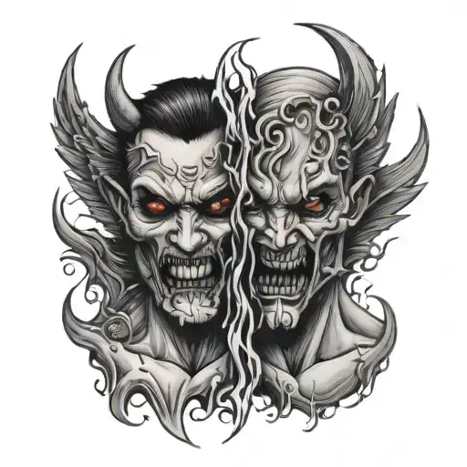 half angel half devil face ripping apart tattoo design idea