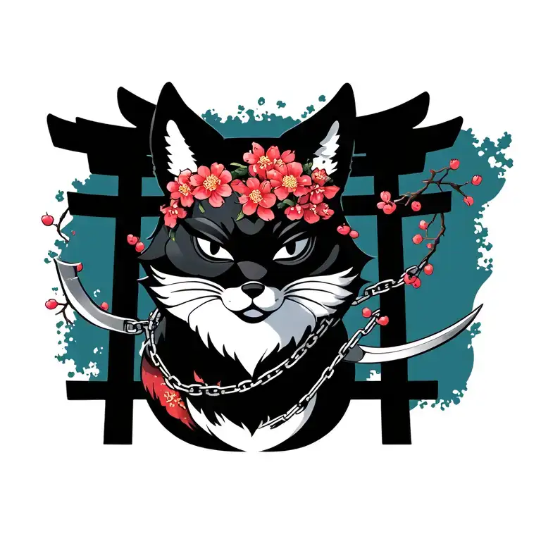 kitsune mask with sickle and chain and cherry blossoms under tori gate tattoo design idea