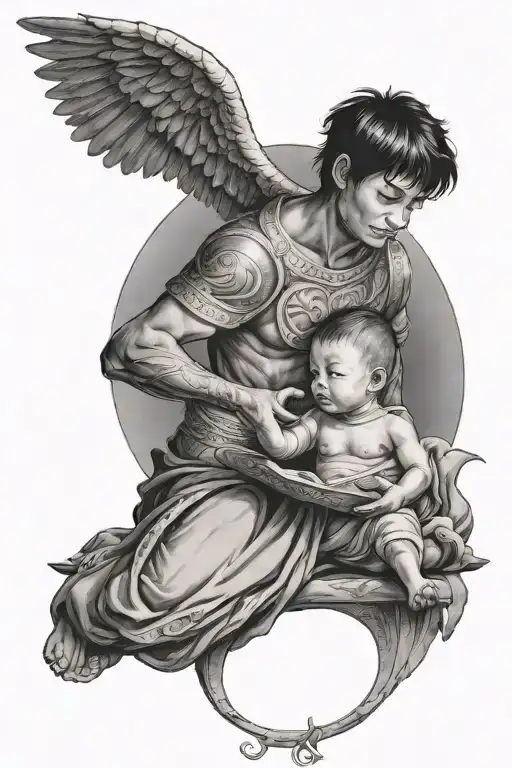 a boy is born, learns magic with ancient civilization themes tattoo design idea