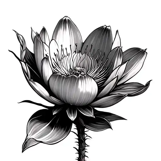 black and white tattoo of an open cactus flower, detailed and elegant tattoo design idea