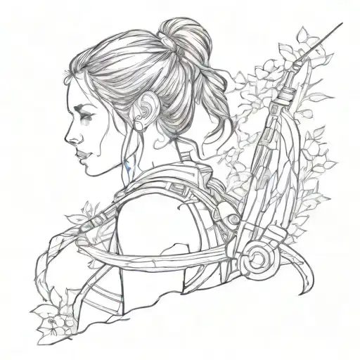 Simple small one-line tattoo of the outline of a girl warrior; warrior meets Lara Croft meets Ellie from The Last of Us tattoo design idea