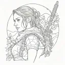 Simple small one-line tattoo of the outline of a girl warrior; warrior meets Lara Croft meets Ellie from The Last of Us tattoo design idea