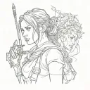 Simple small one-line tattoo of the outline of a girl warrior; warrior meets Lara Croft meets Ellie from The Last of Us tattoo design idea