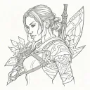 Simple small one-line tattoo of the outline of a girl warrior; warrior meets Lara Croft meets Ellie from The Last of Us tattoo design idea