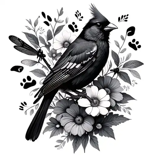 dainty black cardinal, dragonfly's, paw prints around bouquet of flowers  tattoo design idea