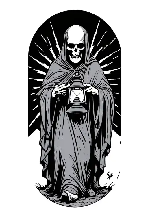The hermit tarot card walking in darkness holding lantern with rays eminating from lantern. The hermith as a skull face tattoo design idea