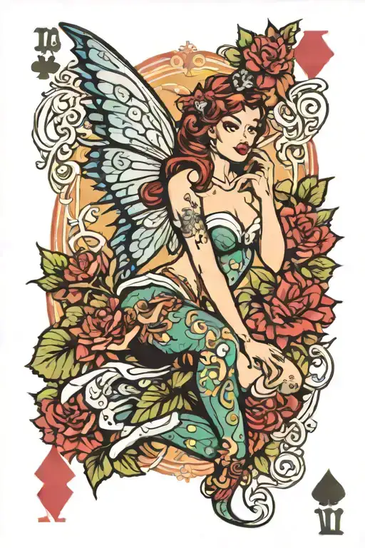 pin up fairy with wings playing cards with tribal garden background tattoo design idea