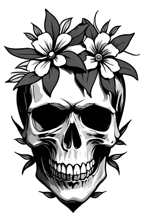 traditional skull with  pinwheel flowers around it  tattoo design idea