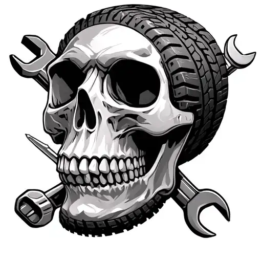 A skull made out of tire treads, with a wrench and screwdriver crossed behind it tattoo design idea