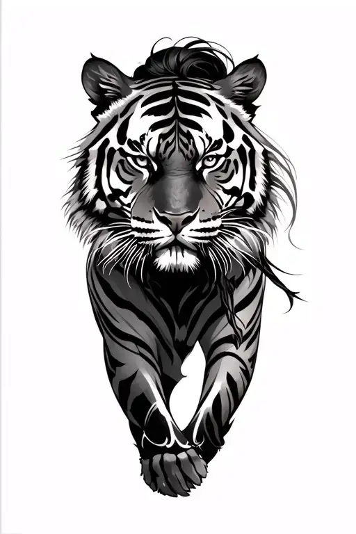 warrior woman, tiger based, realism design incorporating elements tattoo design idea