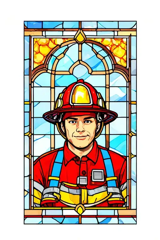 stain glass window with firefighter helmet tattoo design idea